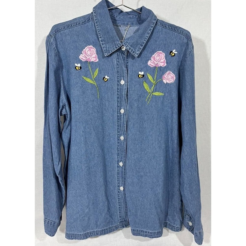 Womens Embroidered Bee and Flower Vintage Denim Extra  Button Up